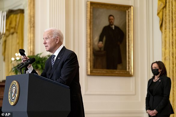 Just one day earlier, during a press conference on March 18 (pictured), he referred to Vice President Kamala Harris as 'President Harris'