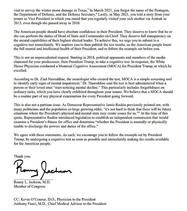 A group of 38 House Republican co-signed a letter to Joe Biden, his physician and Dr. Anthony Fauci, demanding that the president take a cognitive test and release the results to the American people. The letter was led by Rep. Ronny Jackson, who was Trump's physician