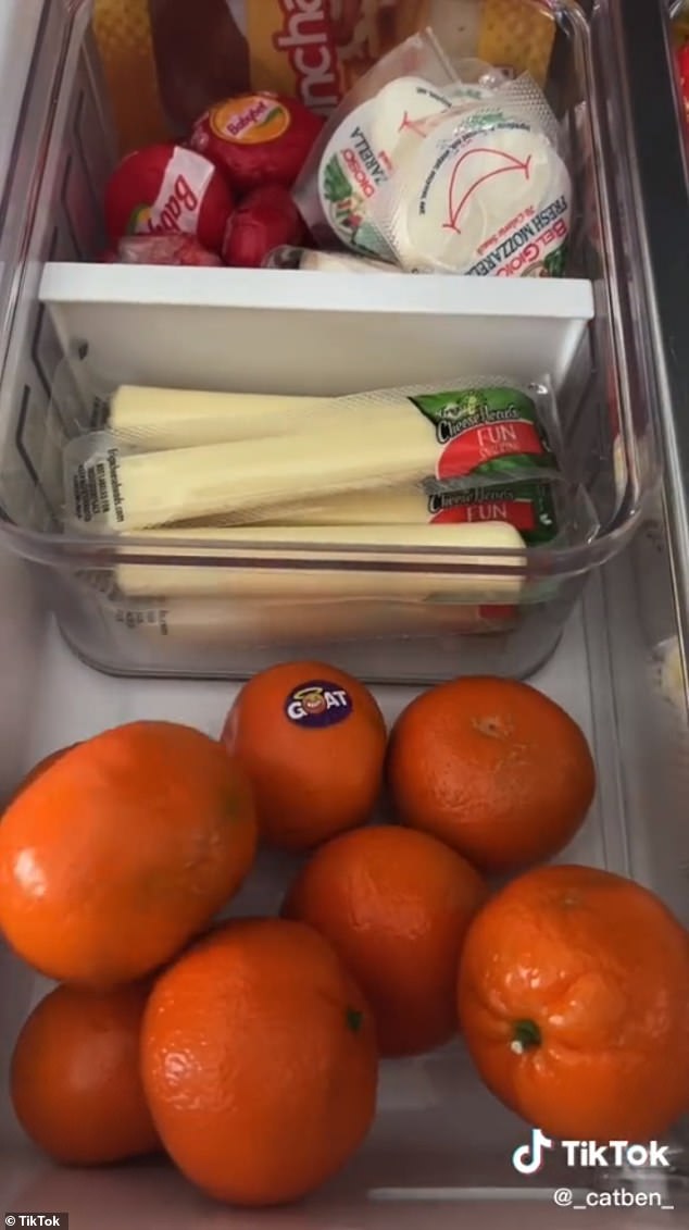 Last but not least, the last section of the drawer was filled with Lunchables, clementines, balls of BelGioioso cheese and Babybell mozzarella and string cheese by Frigo.