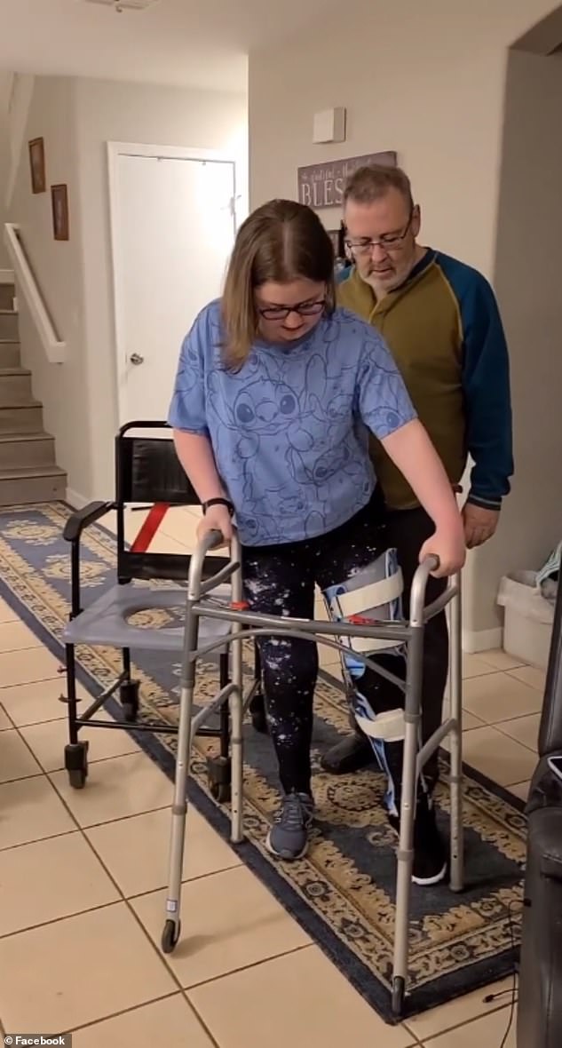 Equipped with a leg brace and a walker or cane, Burke undergoes five hours of physical therapy a day to re-learn how to walk.