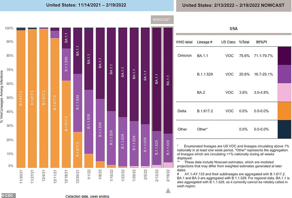 The stealth option has not yet succeeded in the United States, accounting for only about 5% of active cases (pink)