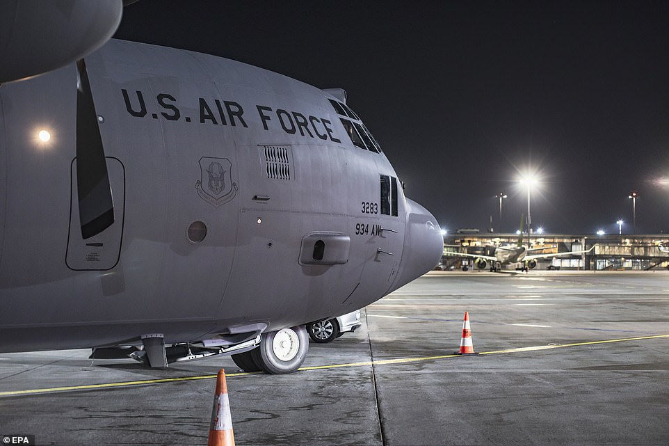 The 934th Air Wing of the United States Air Force arrives on the runway in Riga, Latvia on February 24, 2022.