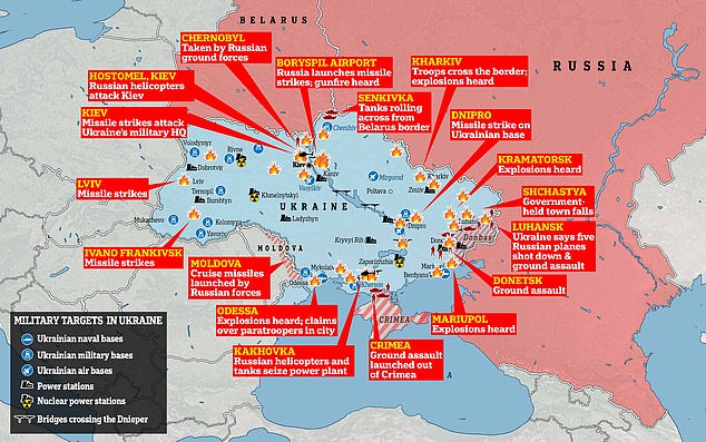 The attack reached Ukraine on all fronts with bombs and missiles dropped across targets across the country in the early hours, followed by attacks by troops from Crimea, Donbas, Belgorod and Belarus, as well as helicopter landings in Kiev and power plants on the Dnieper River.  The Chernobyl nuclear power plant also fell into the hands of Russian forces