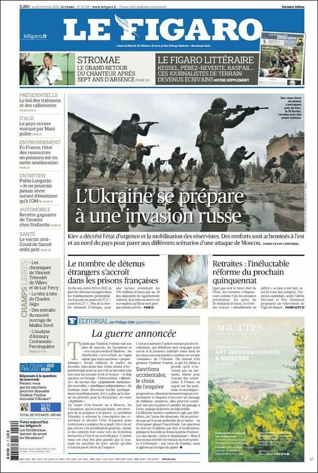 France's Le Figaro said on Thursday that Ukraine was preparing for a Russian invasion by issuing an emergency mobilization of its military.