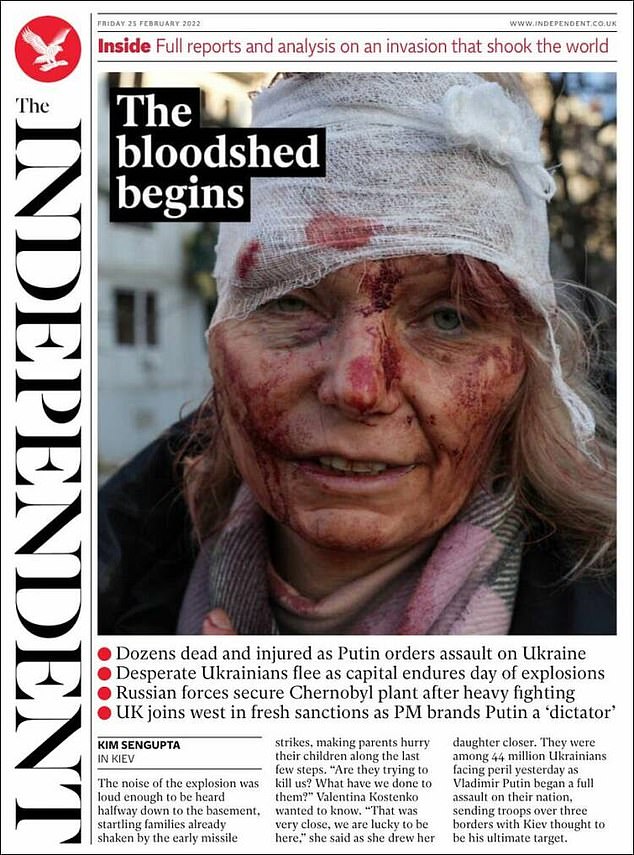 The Independent also presents the woman with a close-up photo of her bloodied face, bandaged.  