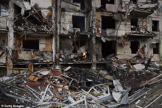 Residential building damaged by a rocket on February 25, 2022 in Kiev, Ukraine earlier today