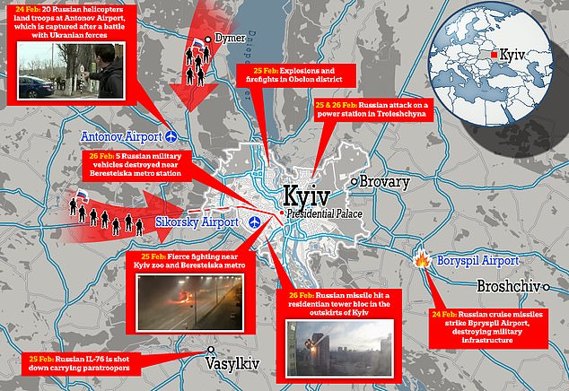 Russian troops are now trying to encircle Kiev and face stiff resistance.  Russia's most important targets probably include the presidential palace in the heart of the city and one of the other airports after the runways at Antonov airport were deliberately destroyed