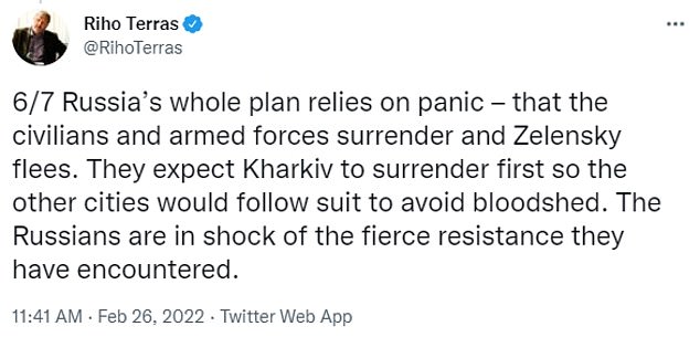 Former Estonian Defense Chief Riho Terras now says Putin's war will not be planned because Russia is quickly running out of money and weapons and will have to start talks with Vladimir Zelensky's government if Kiev detains the Russians for 10 days.