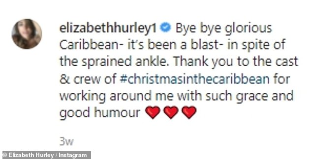 Oh!  Elizabeth reveals that she sprained her ankle while enjoying her last day in the Caribbean, where she shot her last film, Christmas in the Caribbean, in November