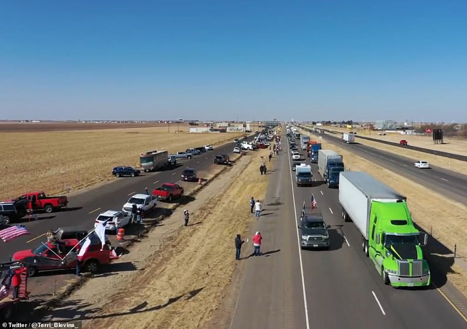 Organizers instead instructed remaining revelers to join up with another other group currently en route to the capitol, The People's Convoy, a more than 100-strong force that departed California this week and passed through Texas Sunday (pictured)