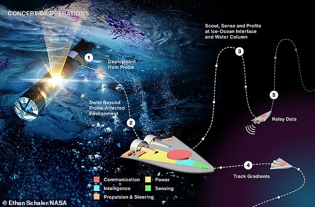 SWIM-Sensing with independent micro-swimmers.  The system consists of a number of small, 3D-printed swimming microrobots equipped with sensors powered by miniature actuators and wirelessly communicating with ultrasonic waves to be located in extraterrestrial oceans.