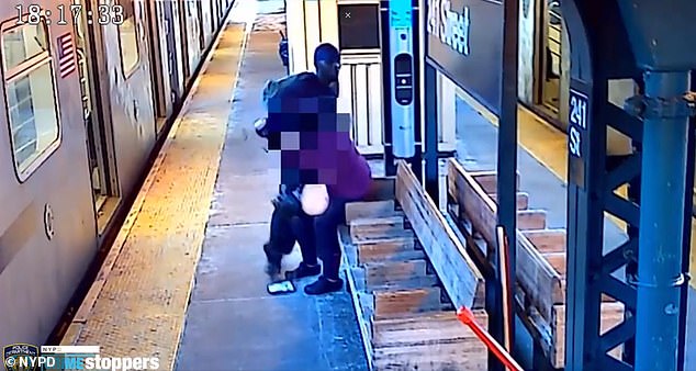 When the woman leans forward on the bench, the attacker smashes the bag of excrement in her head