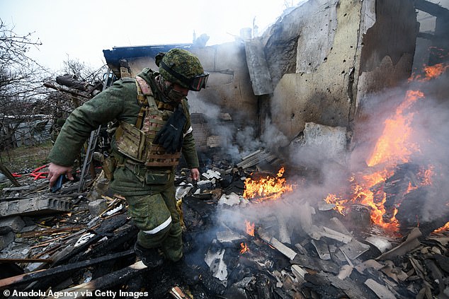 Ruins are burning in the Donetsk region of Ukraine in an area controlled by pro-Russian rebels