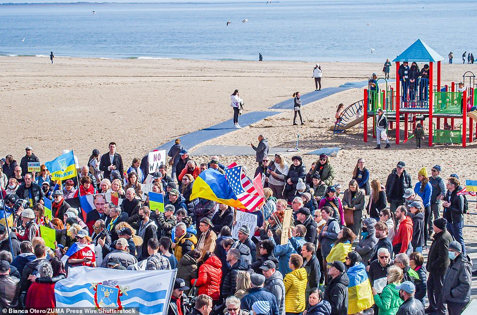 Residents of Russia and Ukraine, as well as representatives of other Slavic nationalities, gathered together to protest Russia's war against Ukraine at Brighton Beach in Brooklyn.