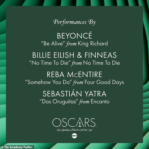 Confirmed: Reba McIntyre and Sebastian Yatra will also perform at Oscars Sunday, although the fifth nominee, Van Morrison, will not perform.