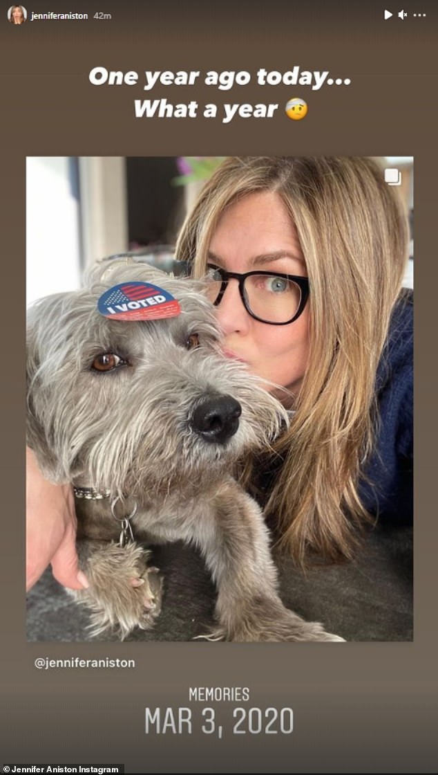 Last year: Aniston kissed Clyde after she voted;  here she is wearing glasses, a rare move