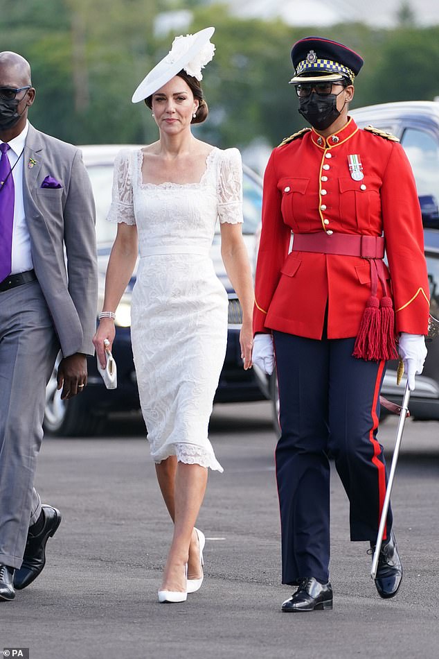 The Duchess wore the ensemble as she attended the inaugural parade for military personnel who have completed the Caribbean Military Academy officer training program.