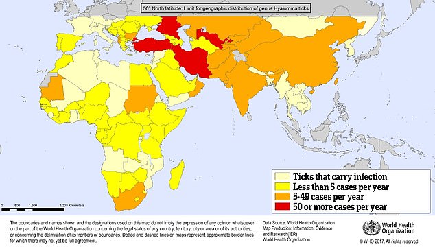 The World Health Organization map shows the annual distribution of CCHF cases worldwide.  Turkey, Iran, Uzbekistan and parts of Russia report more than 50 cases per year.  Meanwhile, while in parts of Europe (Bulgaria and Albania), Africa (South Africa, Sudan and Mauritania) and Asia (India, Pakistan, Afghanistan, Oman, China and Kazakhstan), five to 49 cases are detected each year.