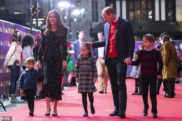 If William and Kate decide to take their three children—Prince George, eight, Princess Charlotte, six, and Prince Louis, three—they offer five different hotel accommodations with 21 restaurants, five miles of white sand beaches, 11 swimming pools .  and Aquaventure, a 141-acre water park with thrilling waterslides and river rides.  (Family at a pantomime performance at the London Palladium in December 2020)