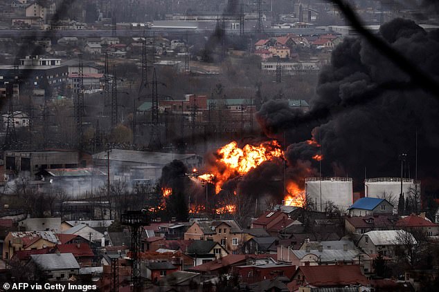 Pictures from Lvov today show a huge fireball and thick black smoke rising from the rooftops of a residential area in the city's northeast, in what appears to be the first major attack on the famed cultural city since the February 24 Russian invasion began.