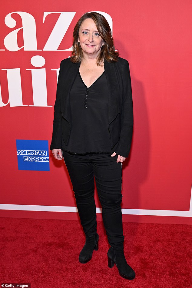 Keeping it simple: Former Saturday Night Live star Rachel Dratch opted for a monochromatic look with a black jacket and matching blouse, paired with black trousers and black suede boots