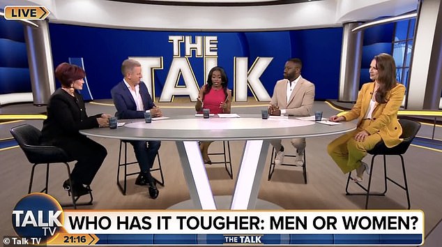 Back: Sharon returned to screens on News UK's new network show on Monday night [pictured with panelists Jeremy Kyle, JJ Anisiobi, Esther Krakue and Nicola Thorp