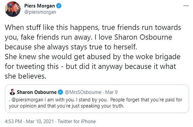 The drama between Osbourne and her co-stars began after Sharon was grilled over her tweet declaring her support for boyfriend Piers Morgan after he was fired for criticizing Meghan Markle's bombshell interview with Oprah Winfrey