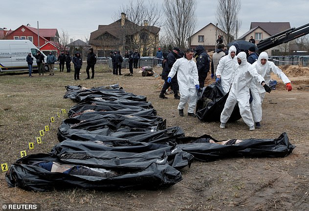 Mass graves and the bodies of civilians mowed down in the streets have been uncovered in areas like Bucha (pictured) after the Russians were forced to retreat.  Foreign Secretary Liz Truss announced yesterday that Britain would send war crimes experts to assist the Ukrainian government in investigating Russian atrocities