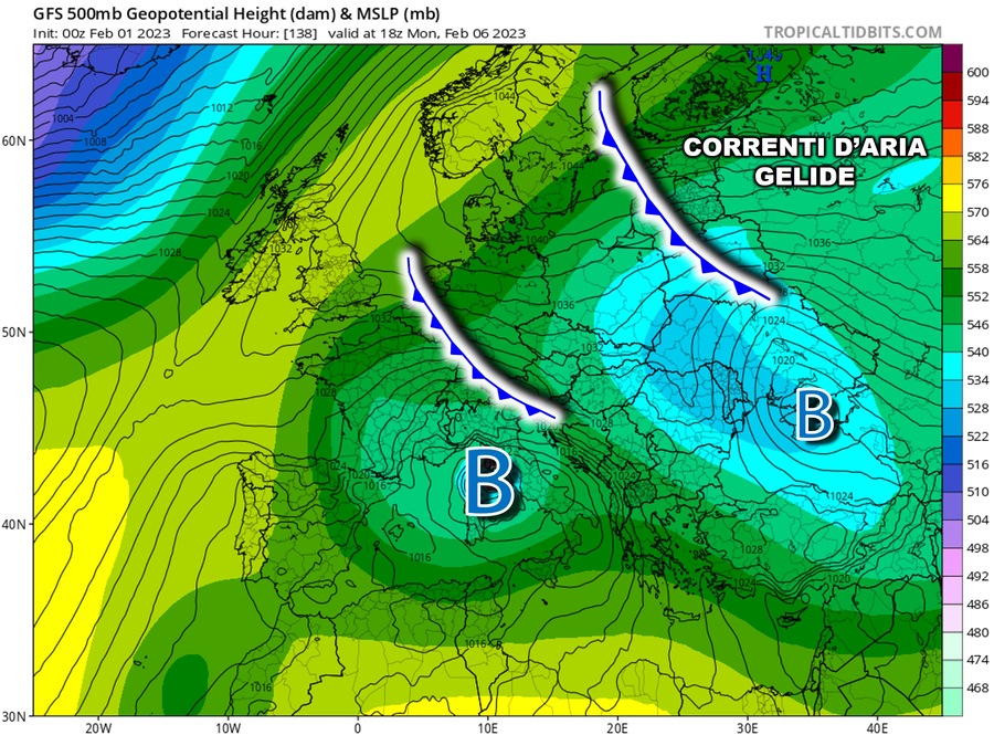 Cyclone vortices in formation (indicated with the letter B).  Danger of heavy rain