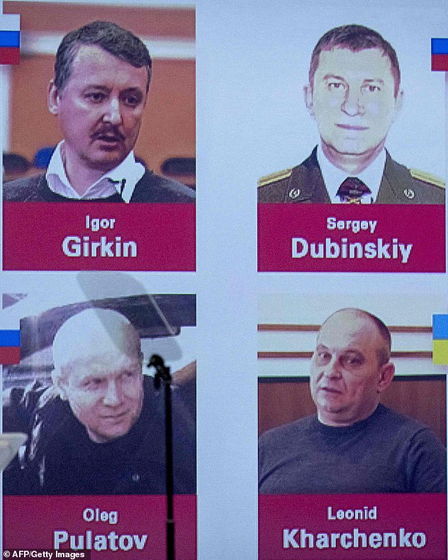 Two former Russian intelligence officers - Igor Girkin (top left) and Sergey Dubinskiy (top right) - as well as Ukrainian Leonid Kharchenko (bottom right), who worked for Putin, have been found guilty of murdering the 289 people on board the Boeing 777 A third former Russian intelligence officer, Oleg Pulatov (below left), was acquitted by the Dutch court