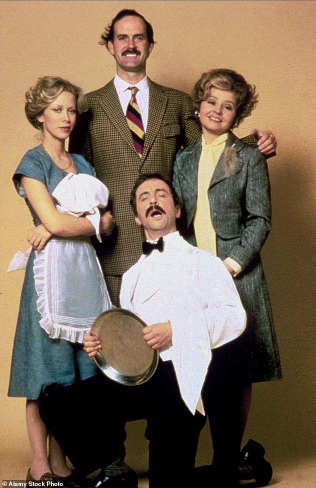 Iconic: John starred in both series from 1975 to 1979 (LR: Prunella Scales as Sybil, John Cleese as Basil, Connie Booth as Polly and Andrew Sachs as Manuel in 1975)