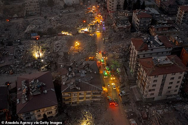 An aerial view of collapsed buildings as search and rescue efforts continue after magnitude 7.7 and 7.6 earthquakes struck several provinces of Turkey