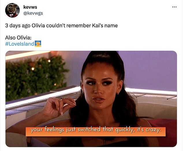 Thoughts: Fans of the ITV show were quick to remind Olivia that she had actually forgotten Kai's name upon arriving at Casa Amor and was confused by her anger