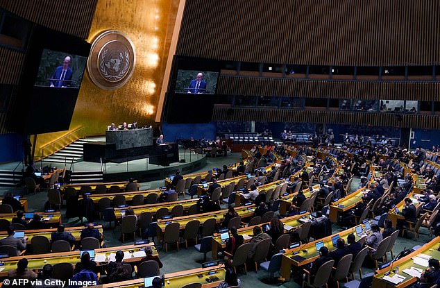 Vasily Nebenzya, Permanent Representative of the Russian Federation to the United Nations, speaks at the UN headquarters in New York City February 22 during the General Assembly's eleventh emergency special session on Ukraine