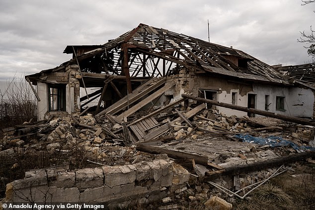 A view of the damaged building is seen after a Russian attack as the war between Russia and Ukraine continues February 22, 2023 in Kherson Oblast, Ukraine