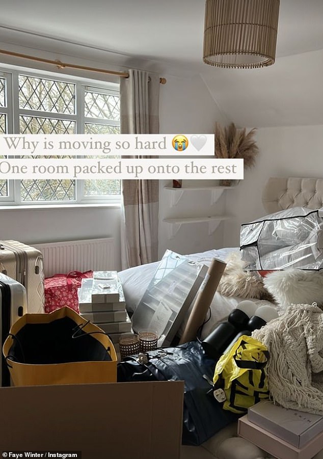 Moving: Faye has been documenting the move to a new home, revealing a messy bedroom with open boxes on Instagram as she started packing up her house