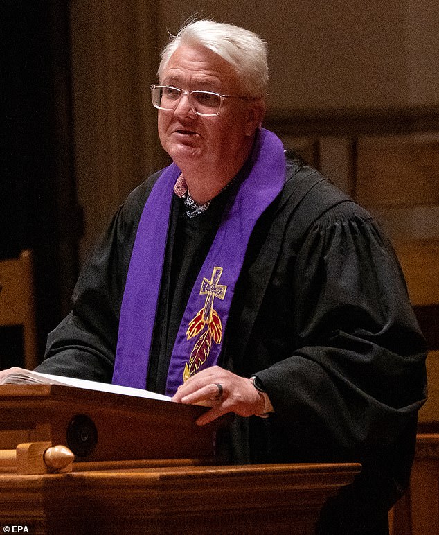 Senior Pastor Paul Purdue preaches at Belmont United Methodist Church during a vigil for the victims killed at Covenant School earlier in the day