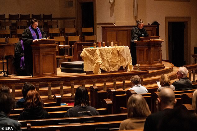 Pastors Kate Fields and Ingrid McIntyre lead a vigil for the victims killed earlier in the day at Covenant Presbytarian Church's Covenant School in Nashville, Tennessee