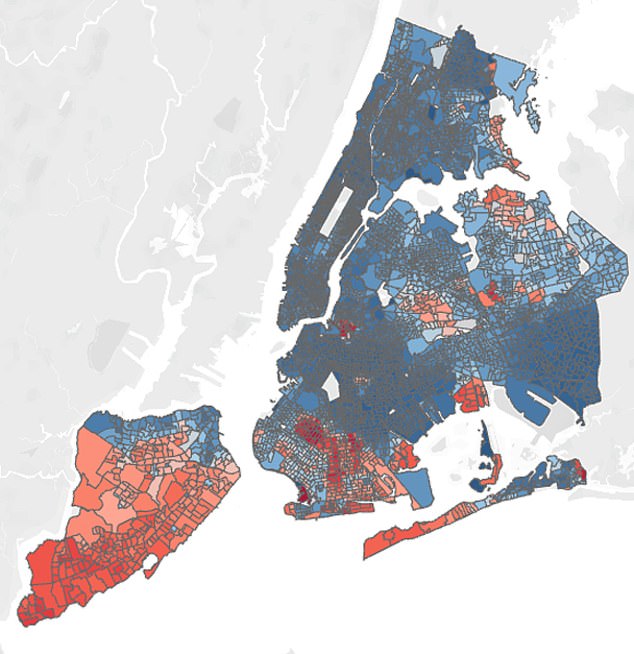 The darker the grey-blue shading, the stronger the November 2020 Democrat vote in this map.  The stronger the red, the more votes went to Republicans.  Staten Island on the left of the map is clearly a Republican enclave, while that portion of the island of Manhattan -- with the clear block of Central Park in the center -- was fully elected Democratic in 2020