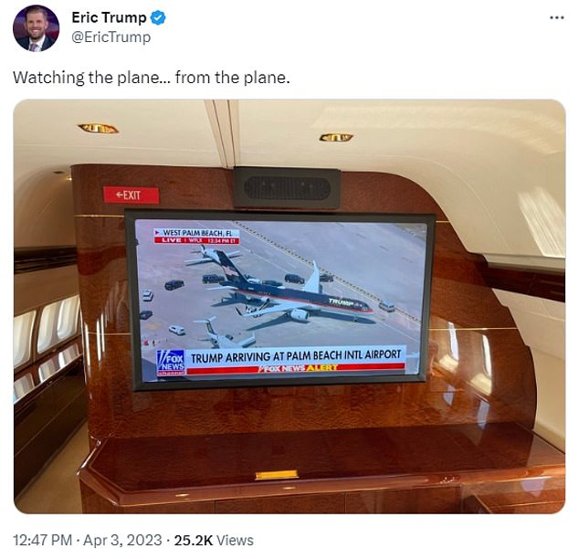 Eric tweeted a photo of the TV in the main cabin with a picture of Trump Force One