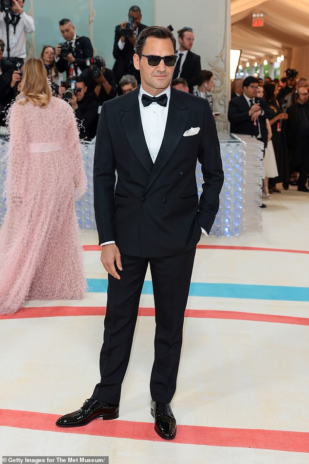 Smart Guy: Roger looked chic in a black tuxedo which he paired with a matching bow tie and a pristine white shirt