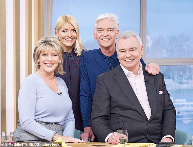 Holmes also recounted how his wife Ruth Langsford (pictured far left with him, Holly Willoughby and Schofield) was still in touch with Schofield's ex-lover, whom he described as a 