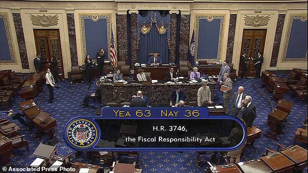 In this image from Senate Television, the final 63-36 vote to pass the debt ceiling bill Thursday evening, June 1, 2023, in the Senate in the U.S. Capitol in Washington.  President Joe Biden is expected to sign the bill aimed at preventing the default quickly