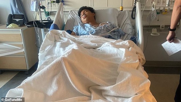 Ortiz, who came to America with his three siblings from Guatemala - where he is still attending high school - had his left leg amputated shortly afterwards and remains in the hospital.  Doctors struggled to save his right one