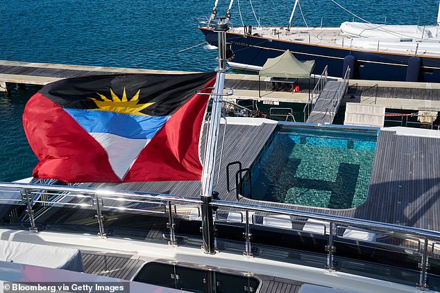 The ship features the first-ever swimming pool that converts into a helipad (pictured)