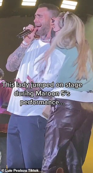 Shock: Adam Levine was less than impressed when a fan jumped onto the stage during Maroon 5's concert and tried to hug him