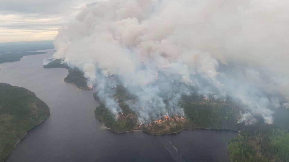 A forest fire seen from a helicopter.