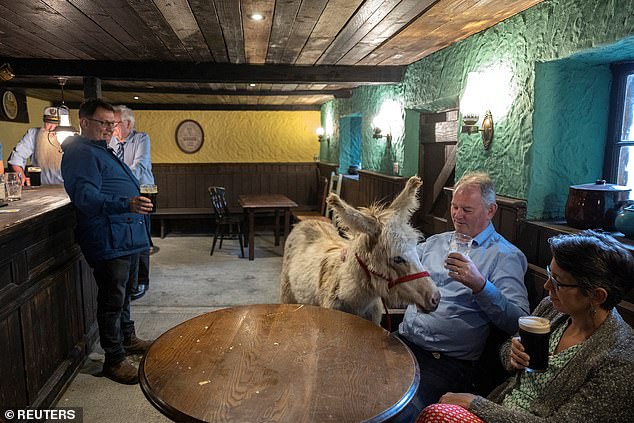 Mr Lee (pictured with donkey) said the pub was completely original and rebuilt using the set materials by taking screen shots from the film