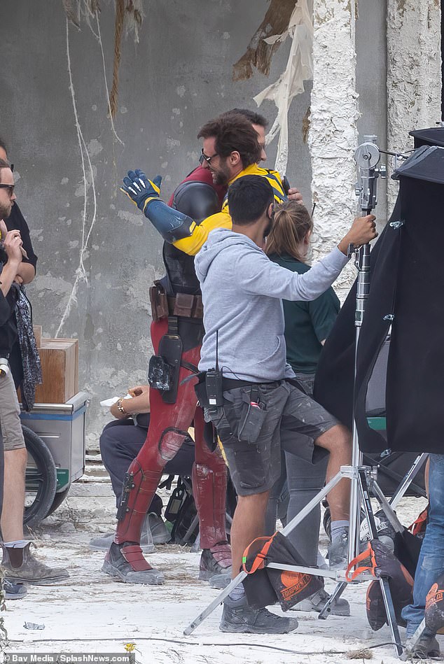 Old friends: The couple, who were also spotted fighting on the ground, appeared delighted to be on set together and hugged as filming wrapped for the day