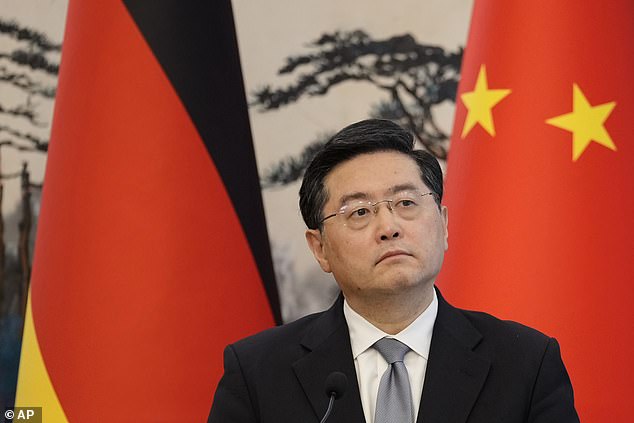 Chinese Foreign Minister Qin Gang attends a joint press conference with German Foreign Minister Annalena Baerbock in Beijing on Friday, April 14, 2023